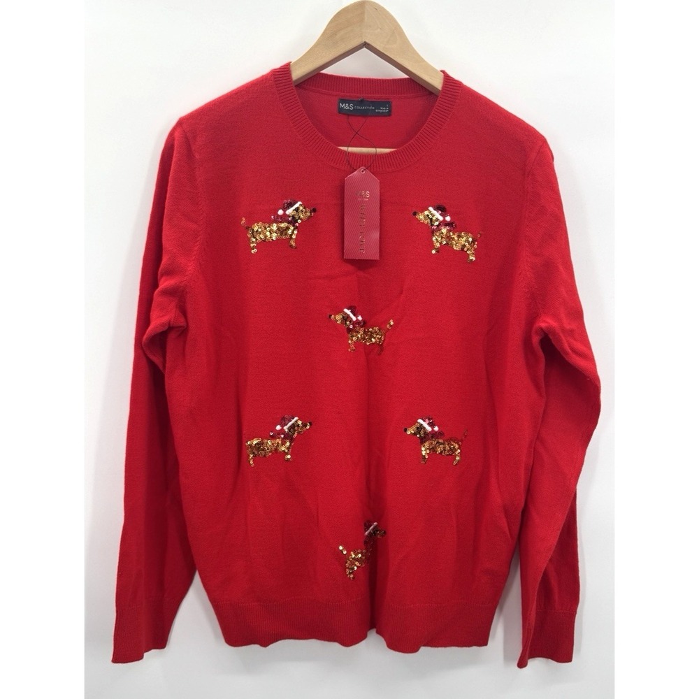 M&S Collections Women Large Dashchund Sweater Sequin Novelty Holiday Doxies Gift
